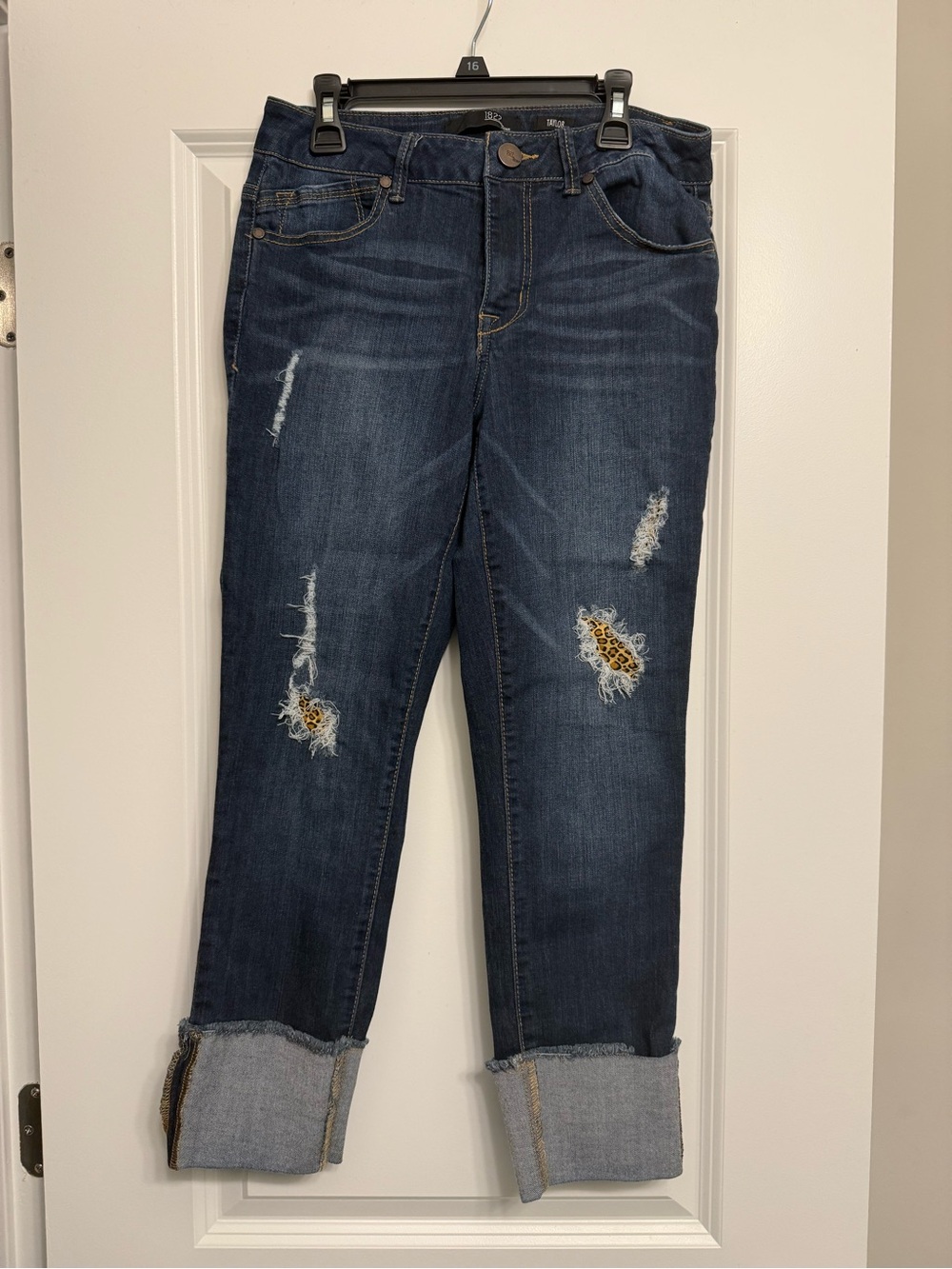 1822 Denim Dark Blue Boyfriend Jeans with Leopard Patch Accents